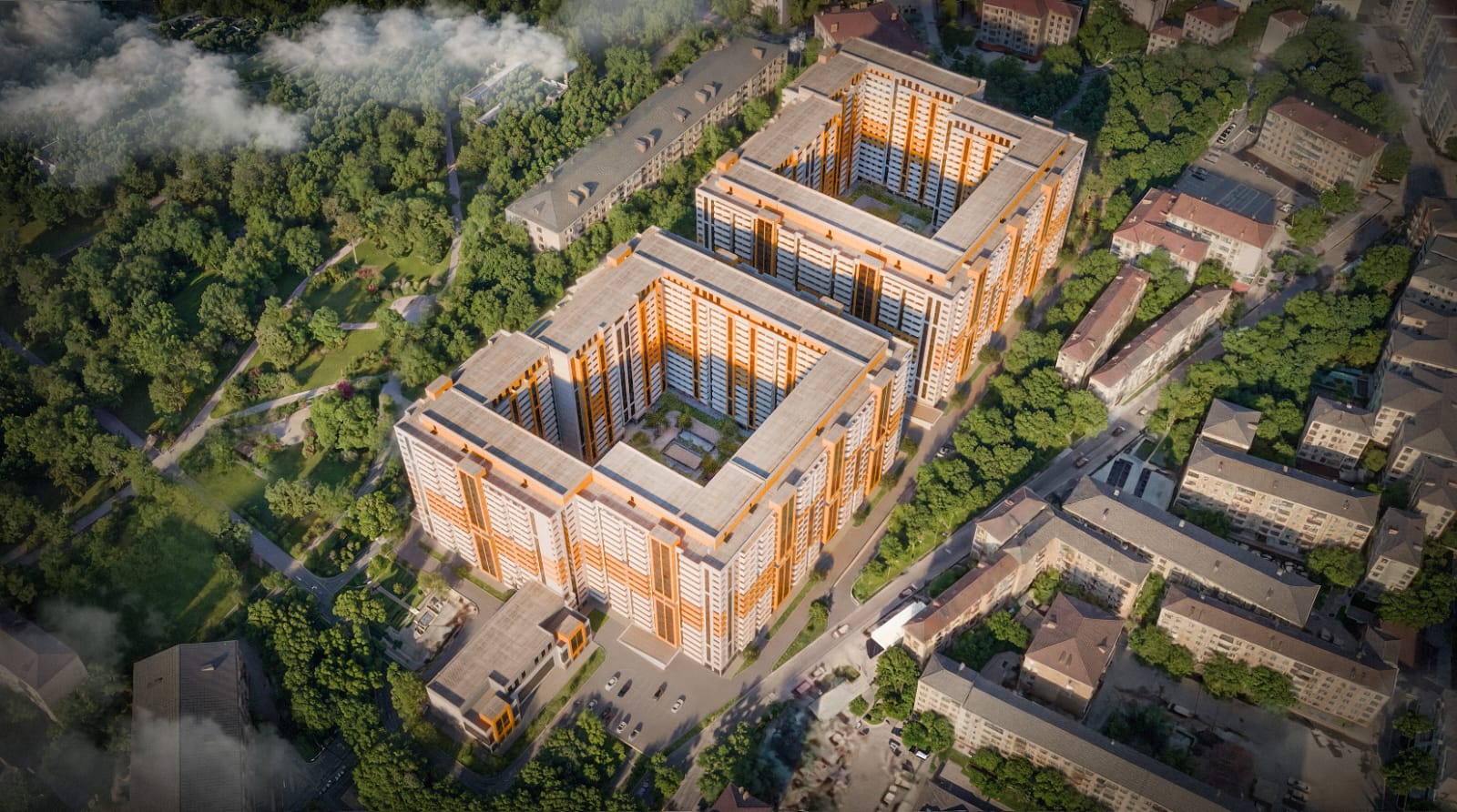 Developer aerial rendering of the two New Komitas courtyard blocks